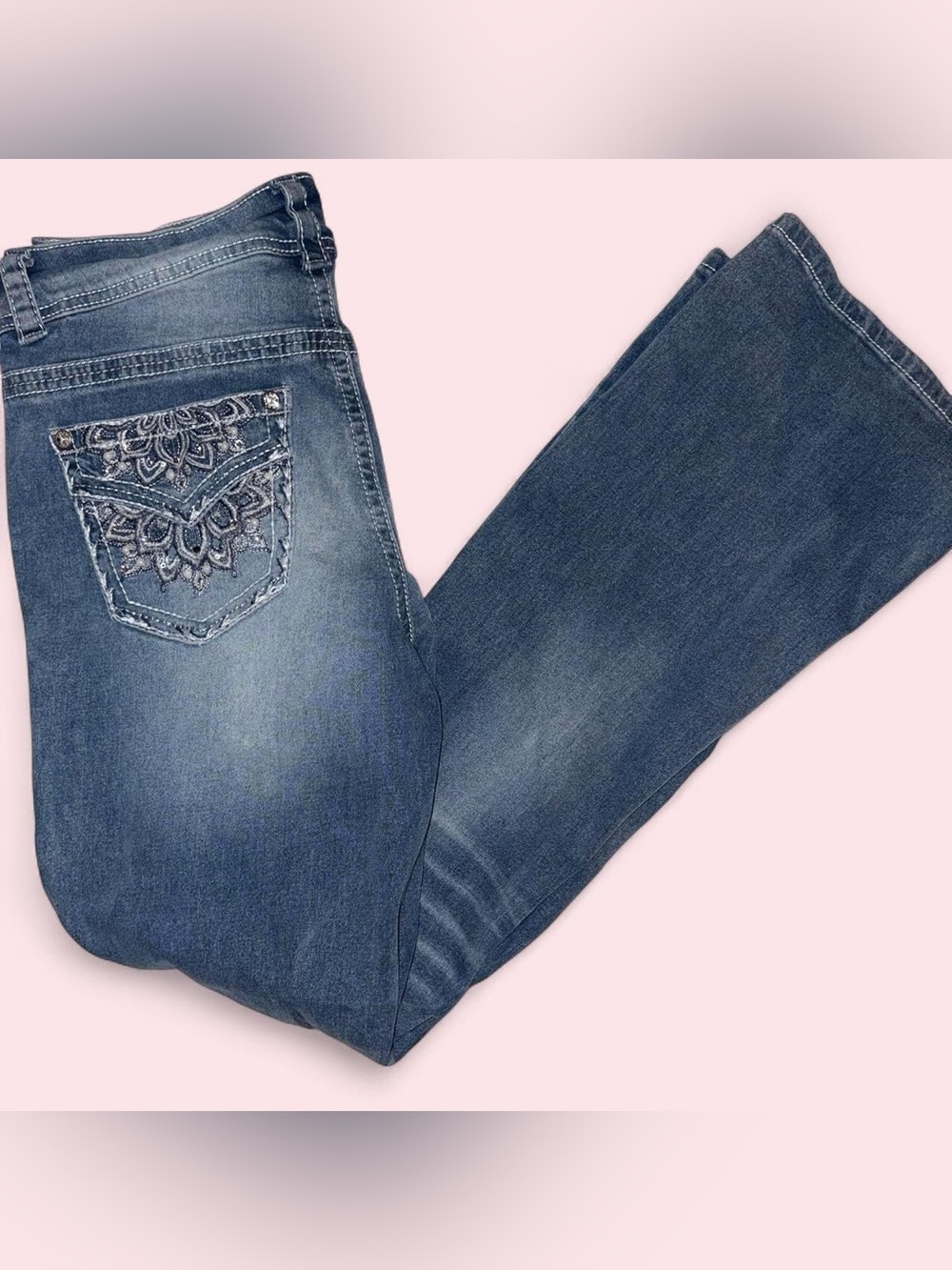 Curvy Size 8 Copper Flash Embroidered Back-Pocket Blue Boot Cut Jeans